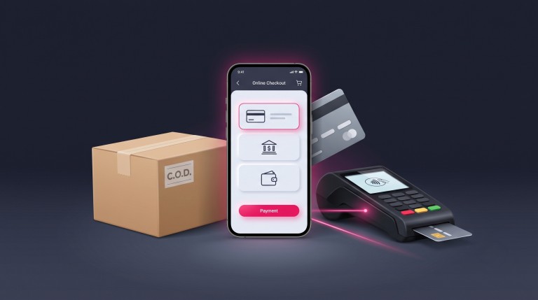 A card payment terminal, a bank card, and a cash-on-delivery parcel arranged together, representing multiple payment options.