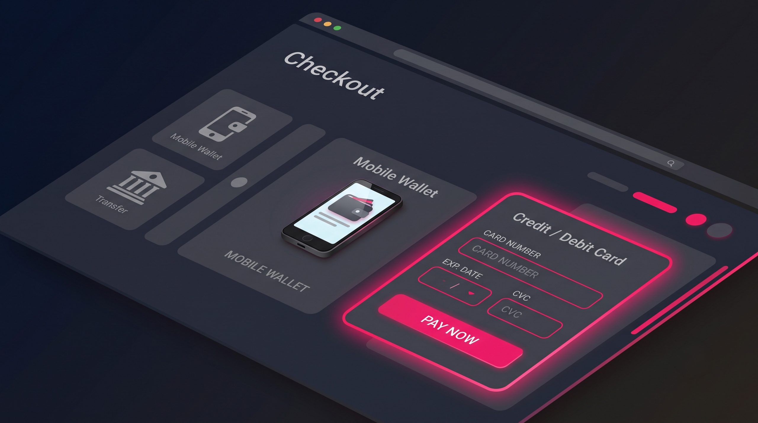 A checkout screen with three payment methods shown as selectable options, one being chosen.