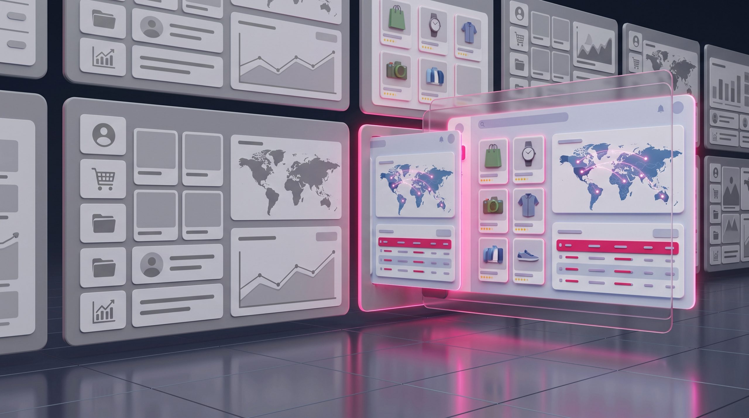 A gallery wall of website template thumbnails with one highlighted by a pink glow as the chosen premium theme.