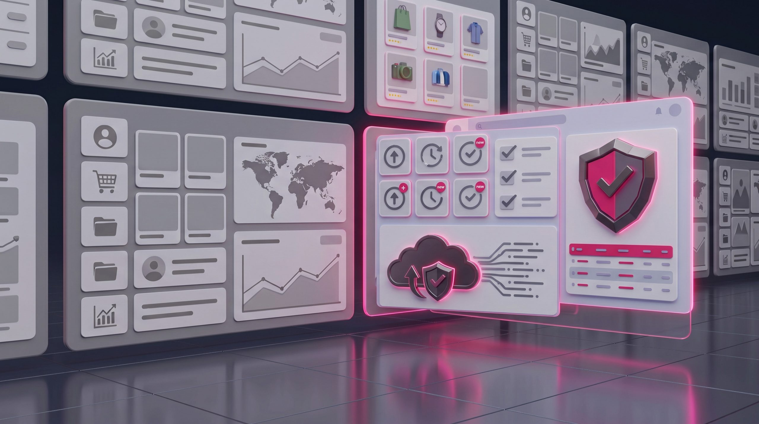 A dashboard showing update badges, a backup cloud icon and a protective shield, representing ongoing site upkeep.