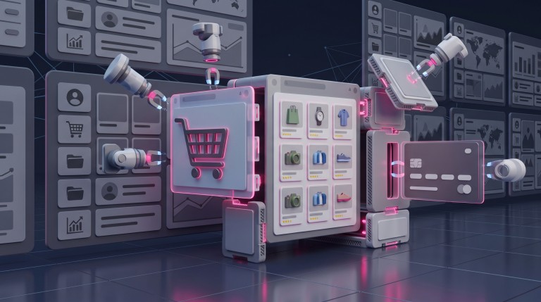 An online store being assembled from modular blocks: a product grid, a shopping cart and a payment card clicking together like construction pieces.
