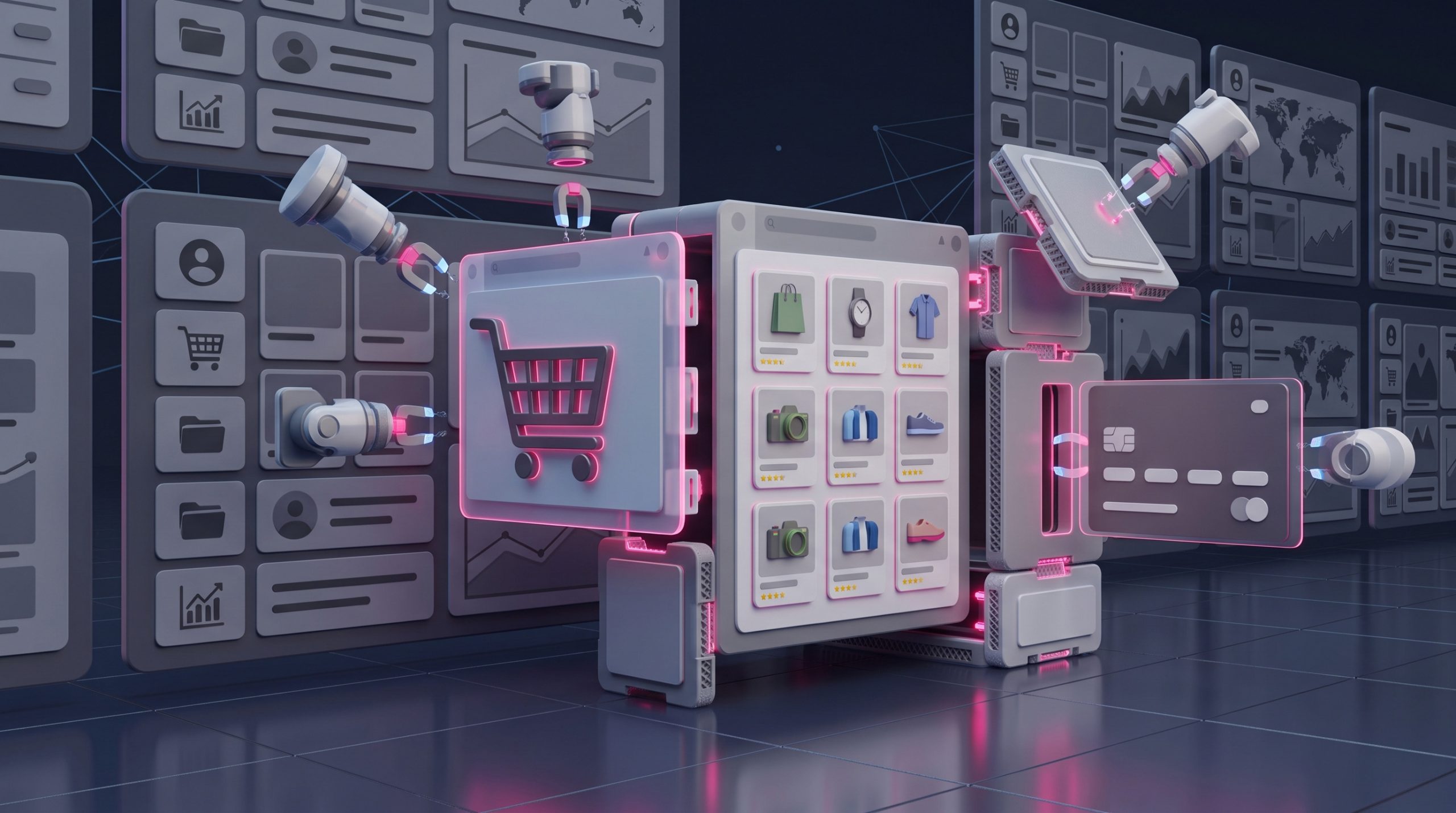 An online store being assembled from modular blocks: a product grid, a shopping cart and a payment card clicking together like construction pieces.