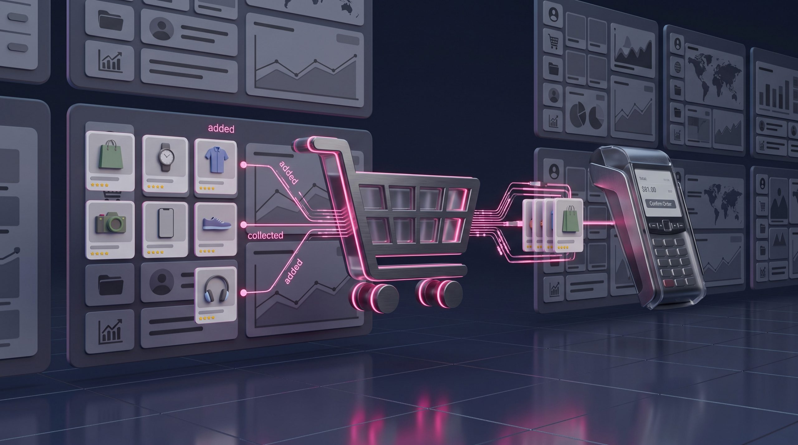 A shopping cart icon connected by glowing lines to product cards and a payment terminal, showing an e-commerce order flow.