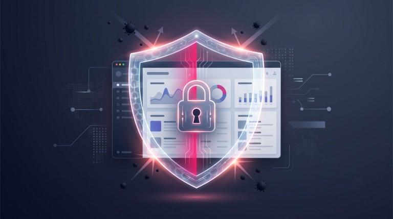A website protected inside a translucent glowing shield with a central padlock, deflecting abstract dark threat particles, representing website security.