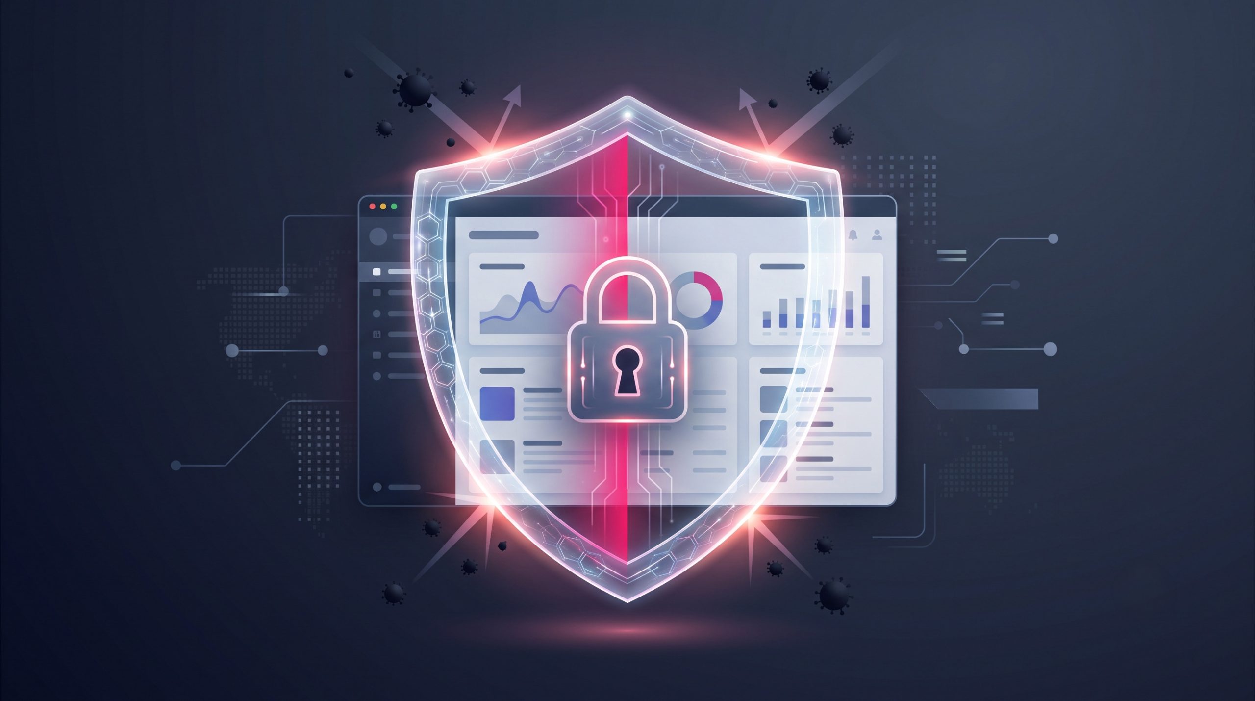 A website protected inside a translucent glowing shield with a central padlock, deflecting abstract dark threat particles, representing website security.