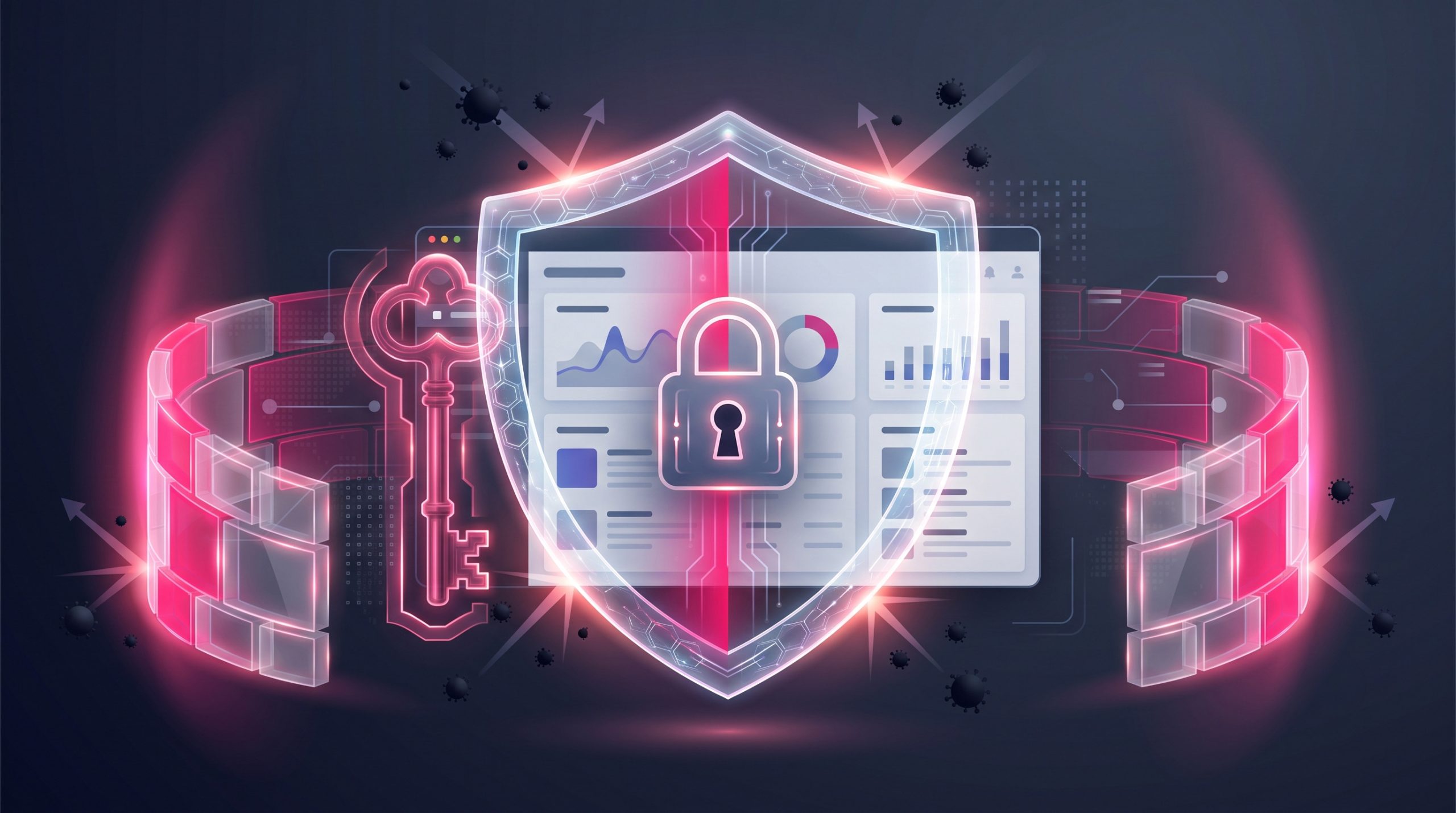 Layered protection around a small website: a padlock, a key and a firewall wall, representing multiple security measures.