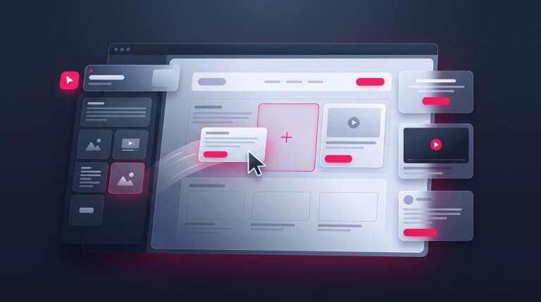 A website being built visually on a canvas with draggable UI blocks and a cursor mid-drag, representing a drag-and-drop page builder.