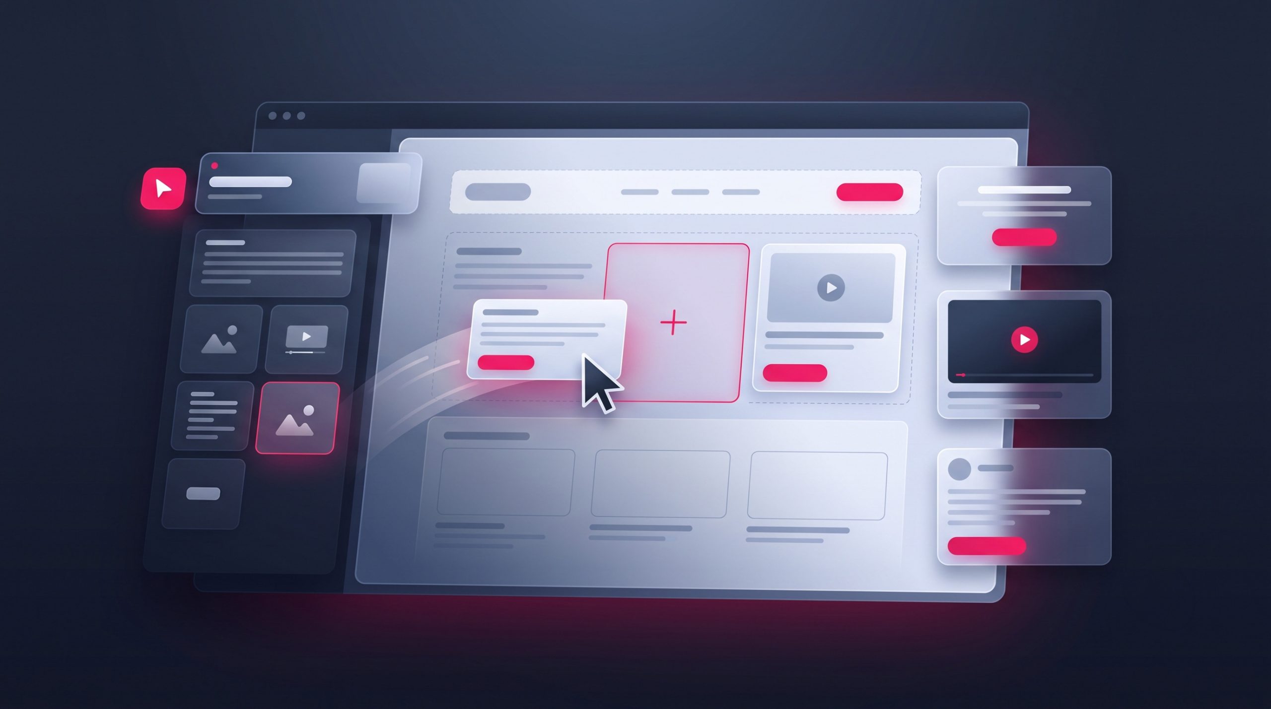 A website being built visually on a canvas with draggable UI blocks and a cursor mid-drag, representing a drag-and-drop page builder.