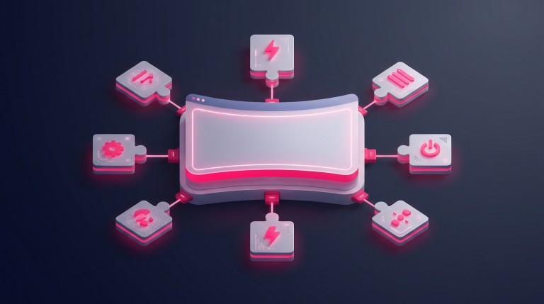 A central website hub with glowing puzzle-piece and power-up modules plugging into it from all sides, representing extending a site with plugins.