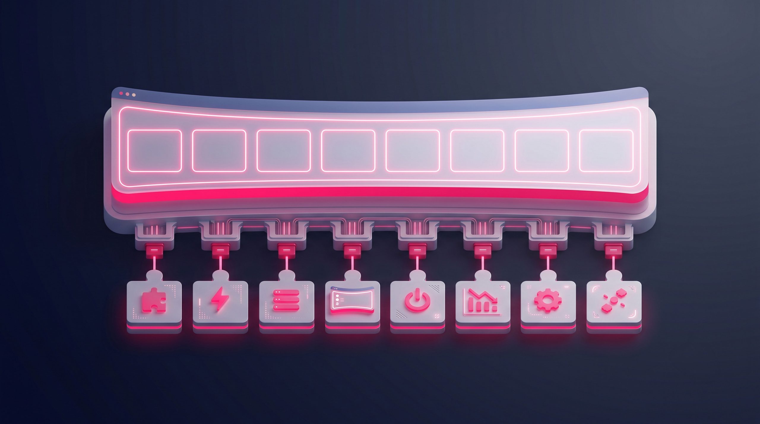 A neat row of glowing plugin icons snapping into slots on a website panel.