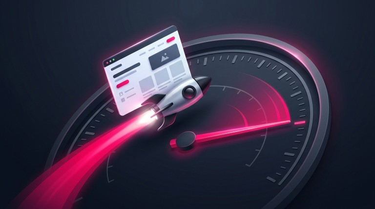 A website riding a small rocket with a vivid pink speed trail across a speedometer, representing a fast-loading website.