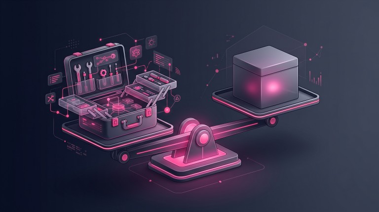 A versus comparison on a balance: an open flexible toolbox (a powerful platform) against a simple sealed all-in-one box (a basic builder).