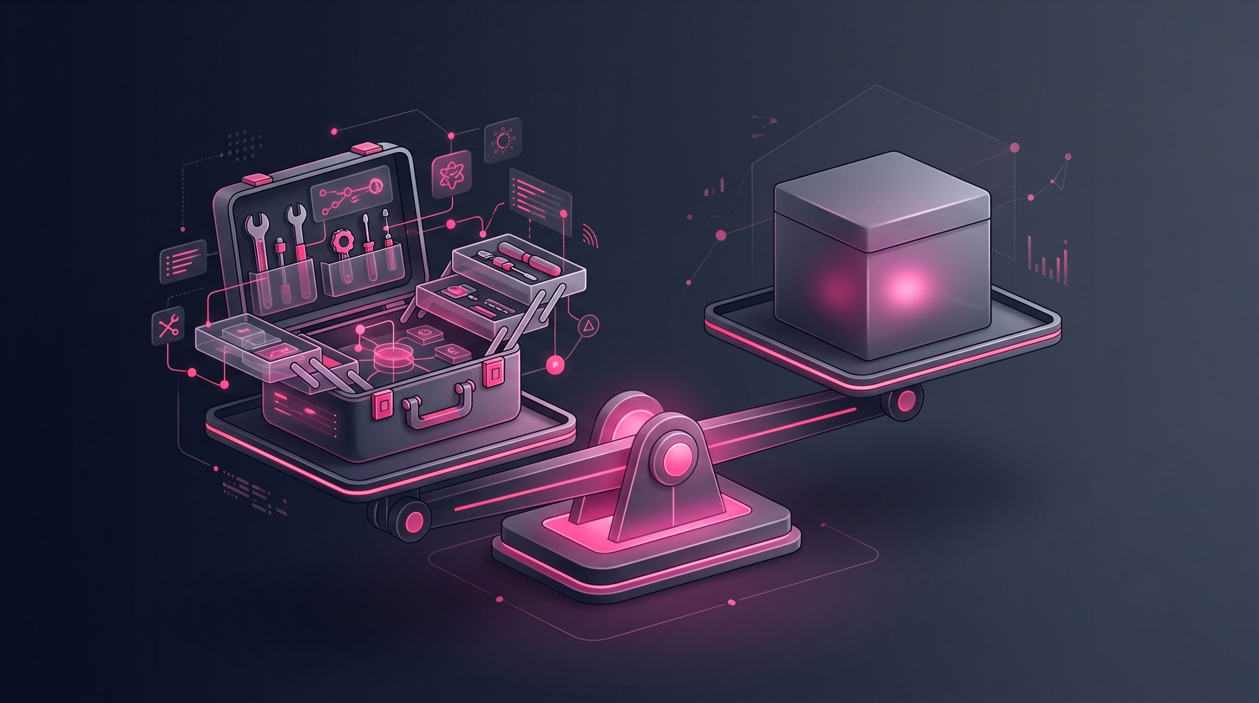 A versus comparison on a balance: an open flexible toolbox (a powerful platform) against a simple sealed all-in-one box (a basic builder).