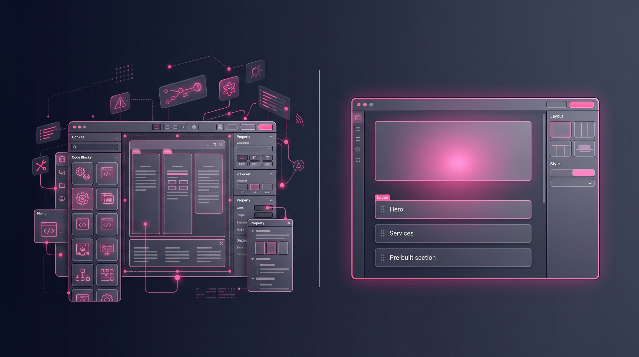 Two website-builder interfaces side by side, one modular and advanced, one simplified and minimal.