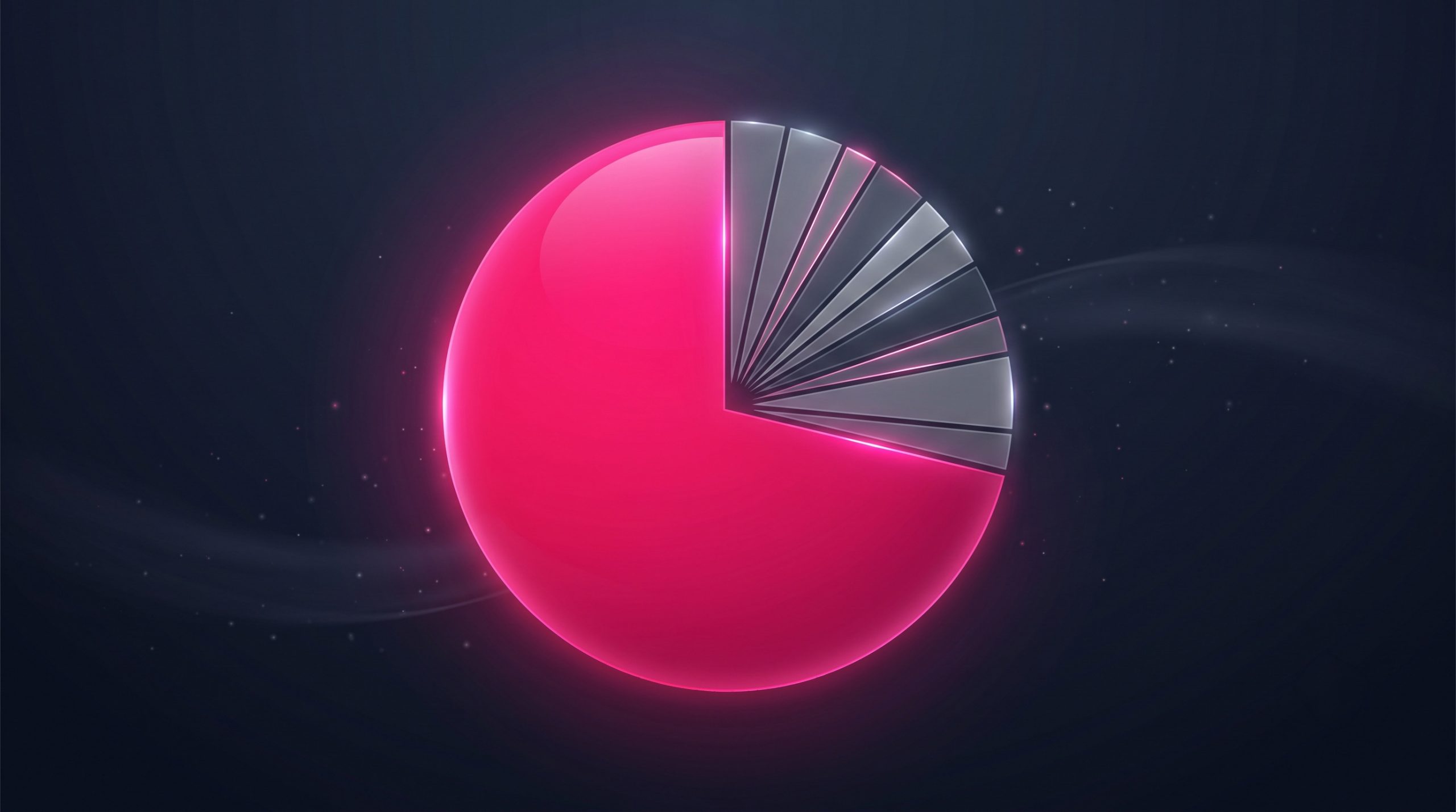 A large glowing pie or globe where one dominant magenta-pink segment clearly outweighs the rest, representing one platform's huge share of all websites.