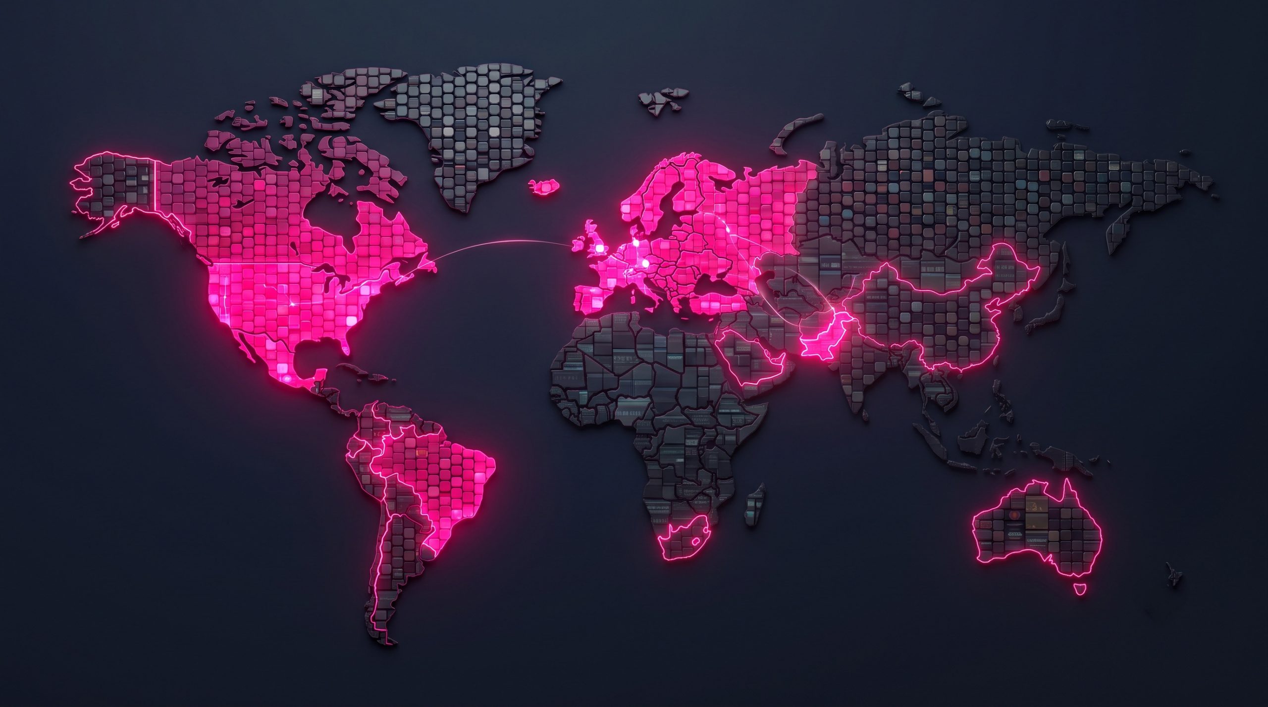 A world map made of tiny website tiles with a large connected region glowing pink, representing global adoption.