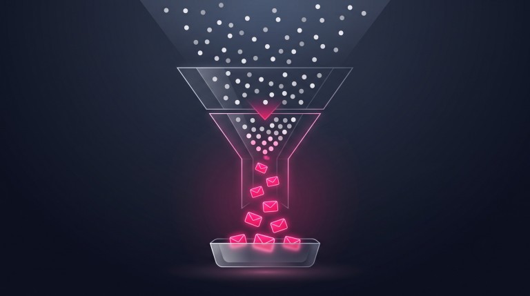 A website funnel turning scattered visitor dots at the top into glowing pink lead envelopes collected at the bottom, representing lead generation.