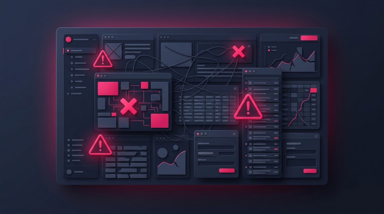 A cluttered website panel marked with warning triangles and a red cross over messy elements, representing common website mistakes.