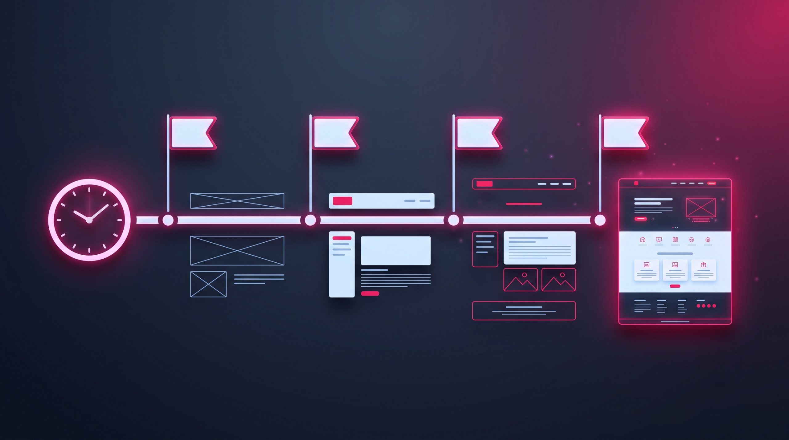 A website emerging step by step along a timeline with milestone flags and a clock, representing a website project's duration.