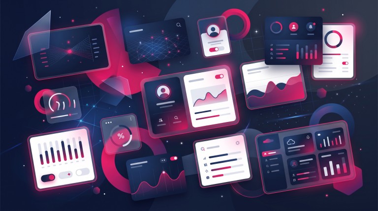 A futuristic collage of modern UI cards, bold geometric shapes and smooth gradients with pink accents, showcasing cutting-edge web design trends.