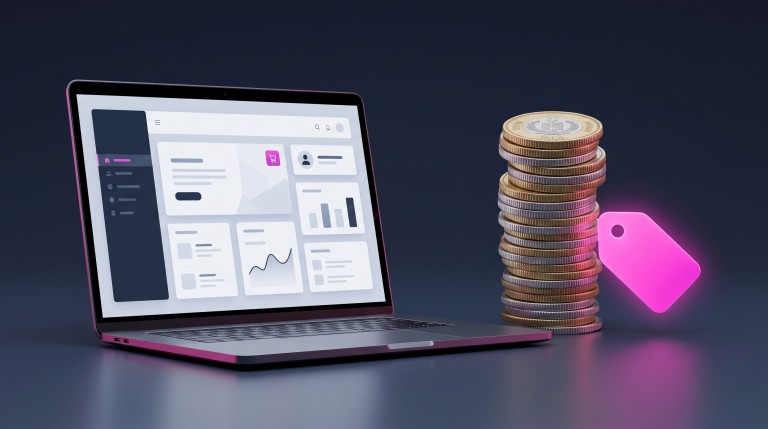 A sleek laptop showing a website beside a glowing price tag and a rising stack of Pakistani rupee coins, illustrating the cost of building a website.