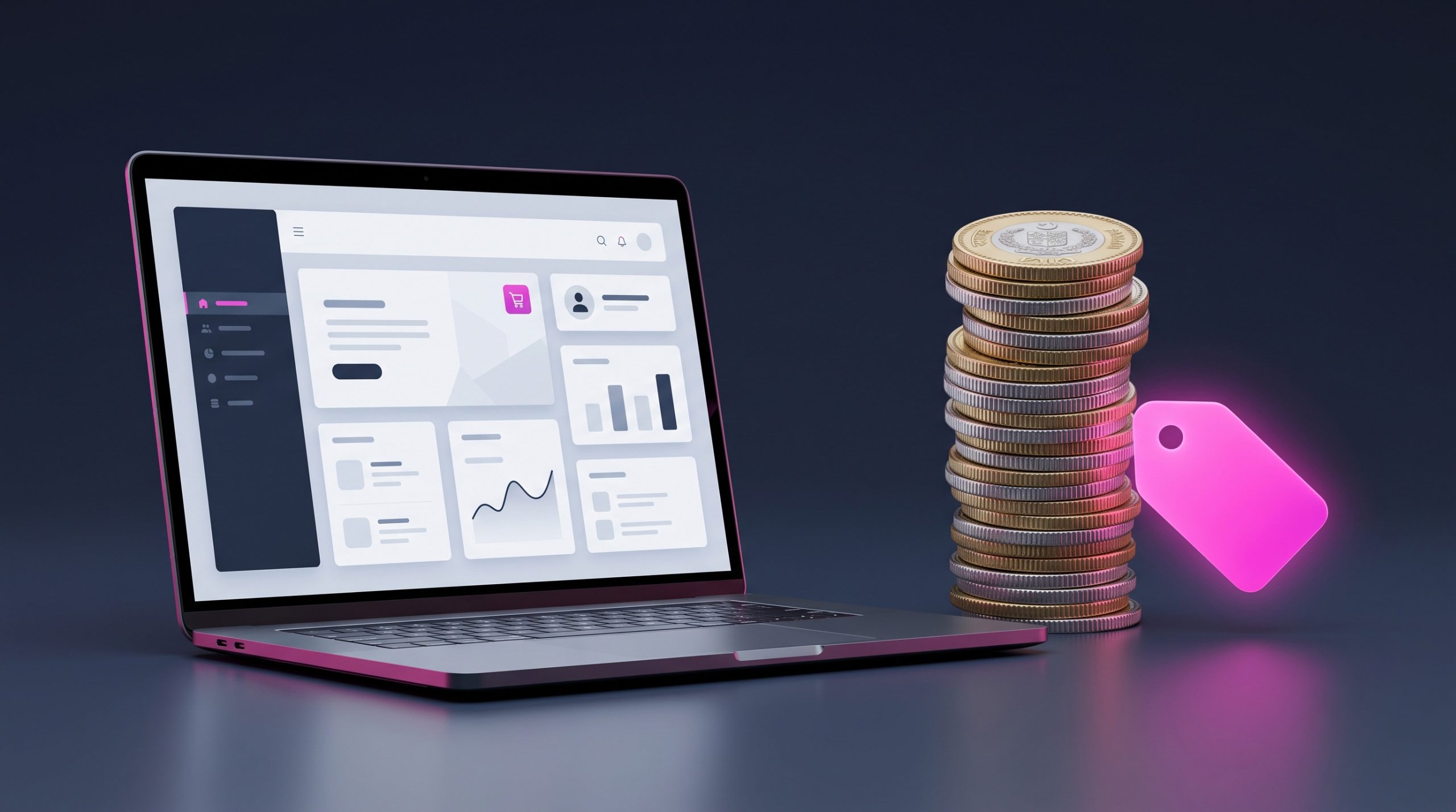A sleek laptop showing a website beside a glowing price tag and a rising stack of Pakistani rupee coins, illustrating the cost of building a website.