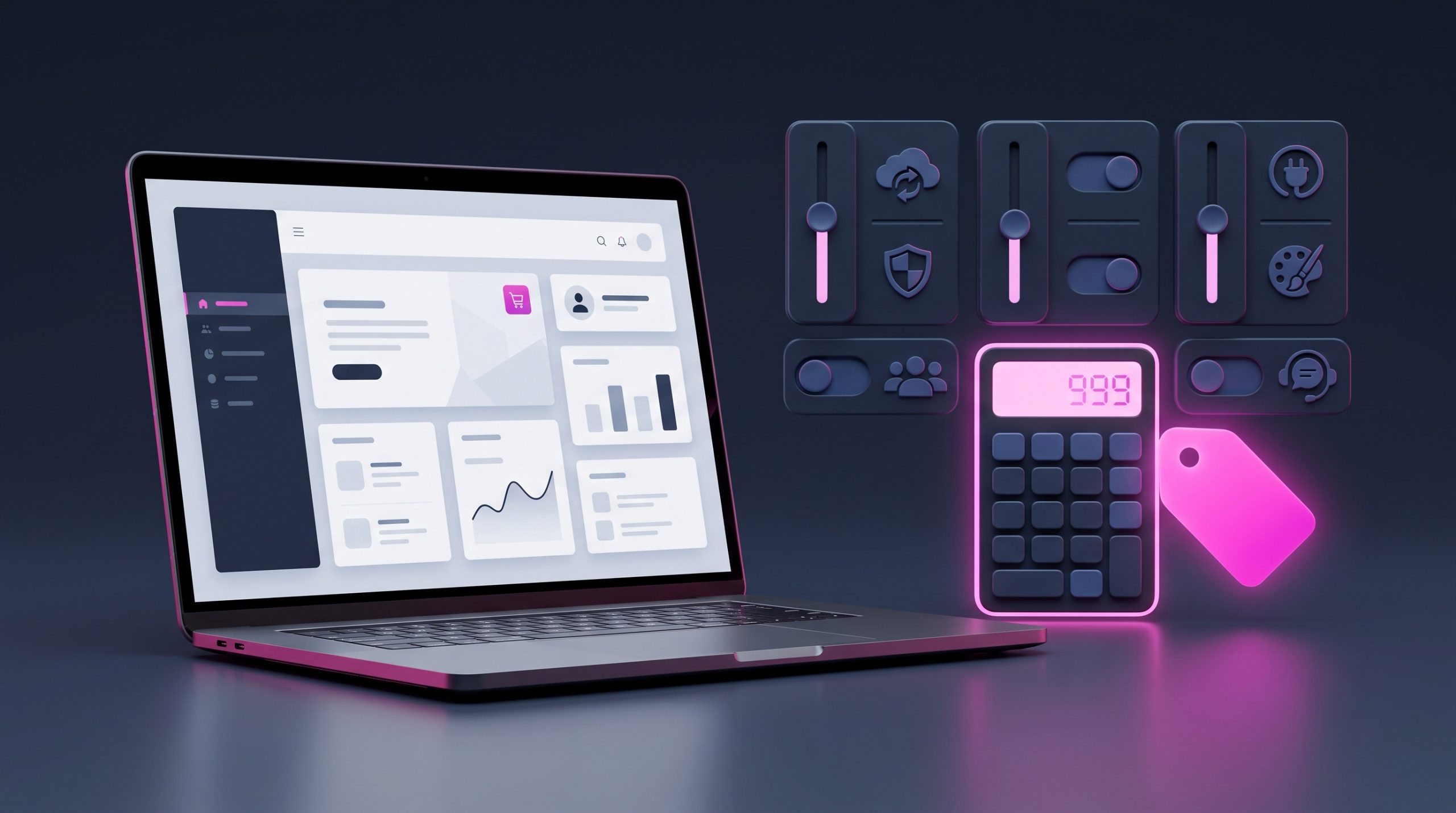 A calculator and a row of sliders and toggles with small feature icons beside a website, showing how website features add up to a total price.