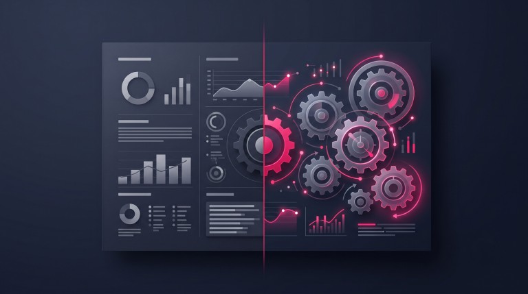 A split scene: a flat fixed printed-style page on one side and a living animated data-driven page with moving gears on the other, a clear comparison.