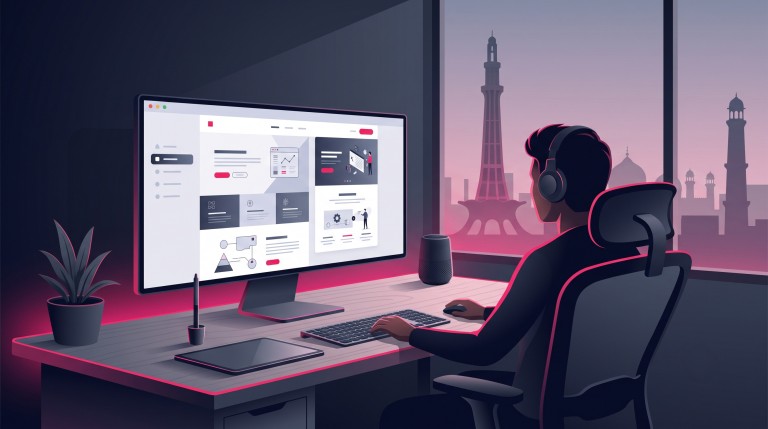 A professional design studio desk with a large screen showing a modern website, set against a soft silhouette of the Lahore skyline with Minar-e-Pakistan in the background.