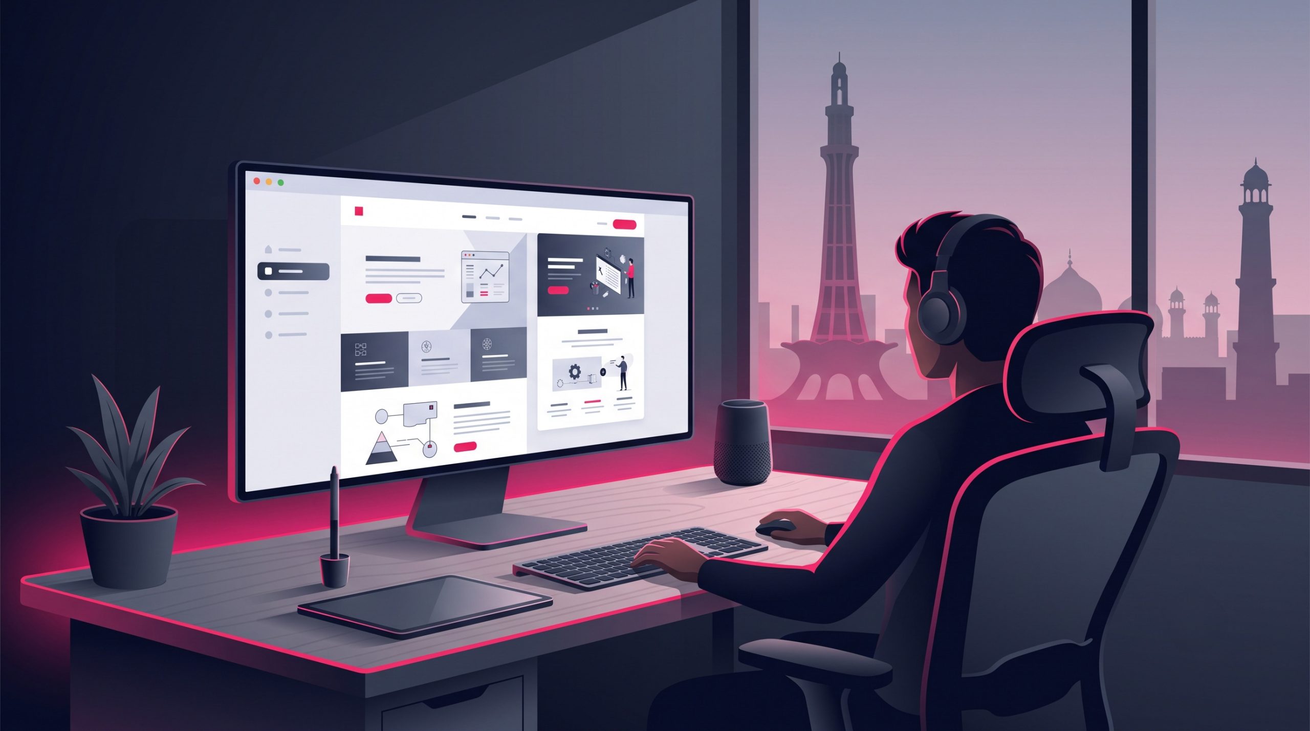A professional design studio desk with a large screen showing a modern website, set against a soft silhouette of the Lahore skyline with Minar-e-Pakistan in the background.