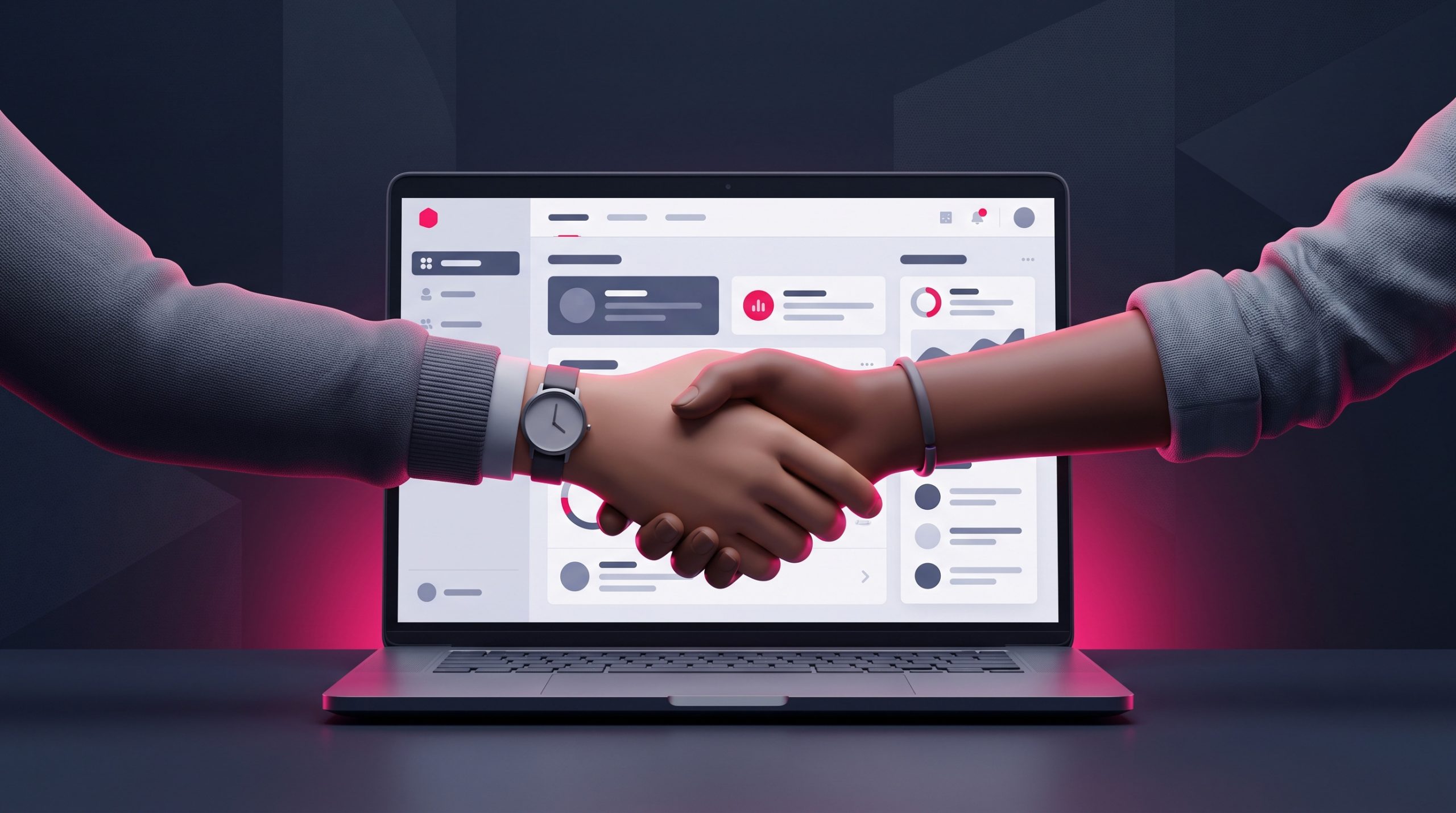 A friendly handshake between a client and a designer over a laptop showing a website, representing choosing the right agency.