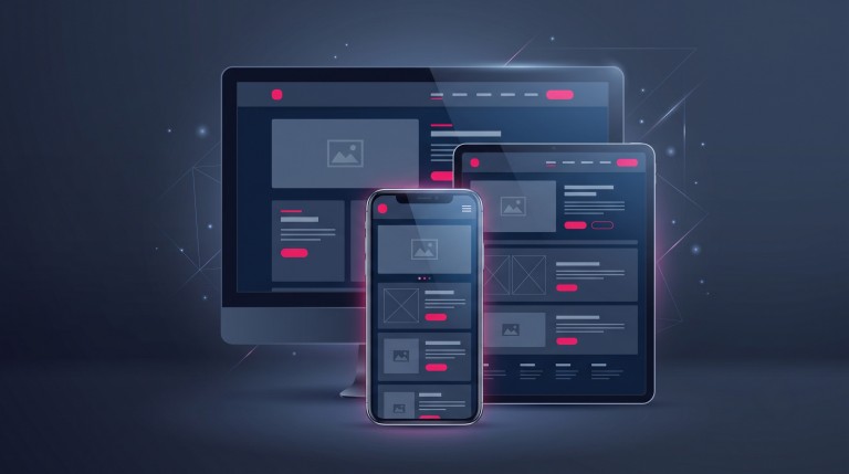 A smartphone at the centre showing a crisp website, with the same site scaling up to a tablet and desktop behind it, a mobile-first responsive approach.