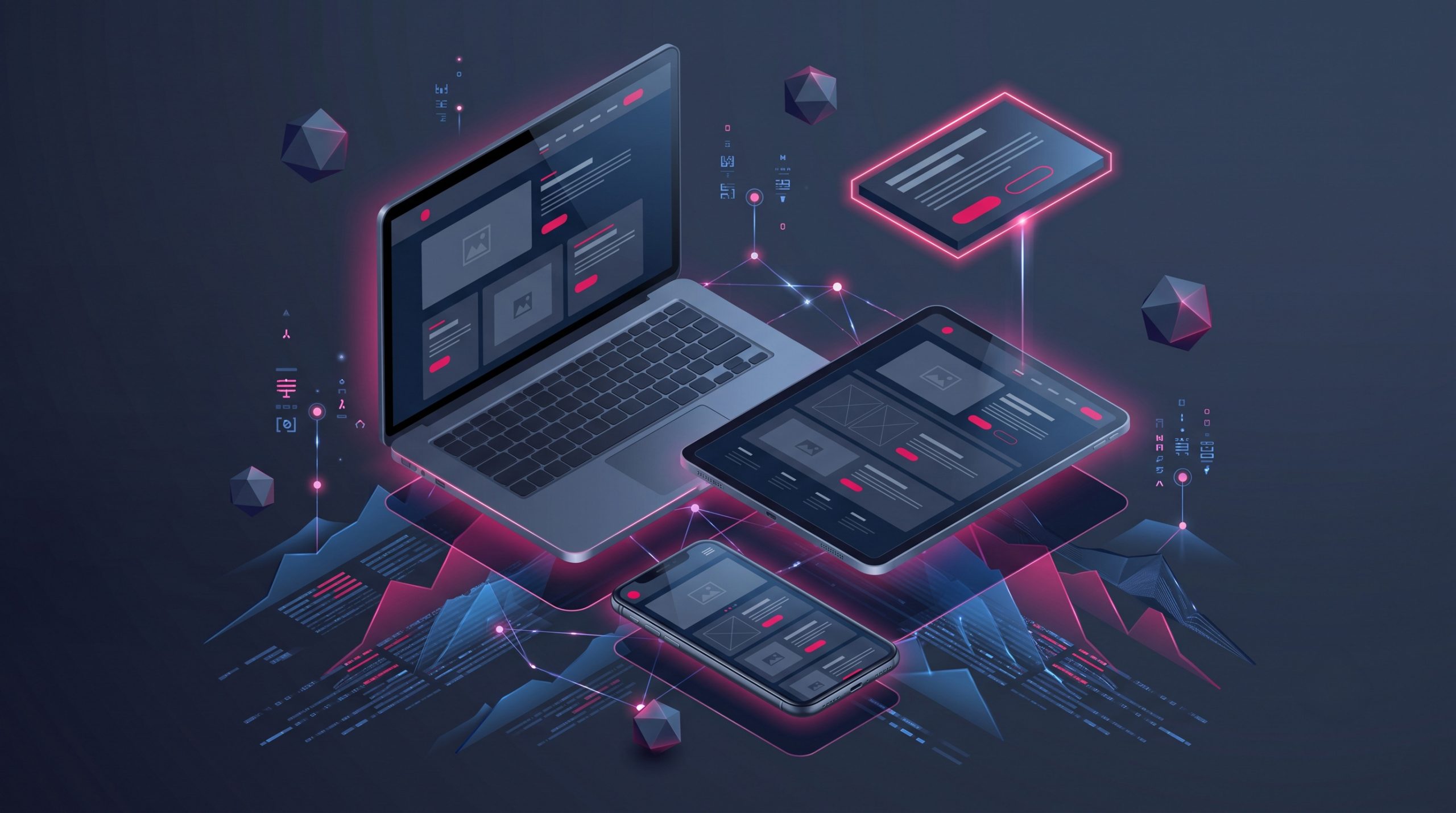 The same website displayed consistently across a phone, tablet and laptop, representing responsive design.