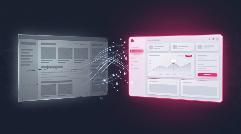An outdated dull cracked website panel transforming into a sleek modern one with a pink glow on the new version, a before-and-after redesign.