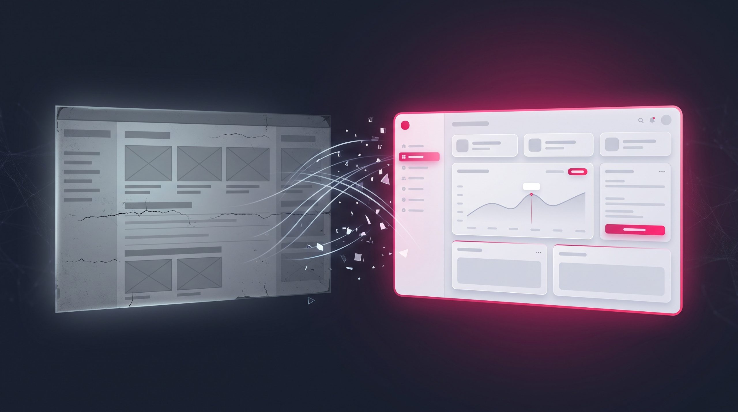 An outdated dull cracked website panel transforming into a sleek modern one with a pink glow on the new version, a before-and-after redesign.