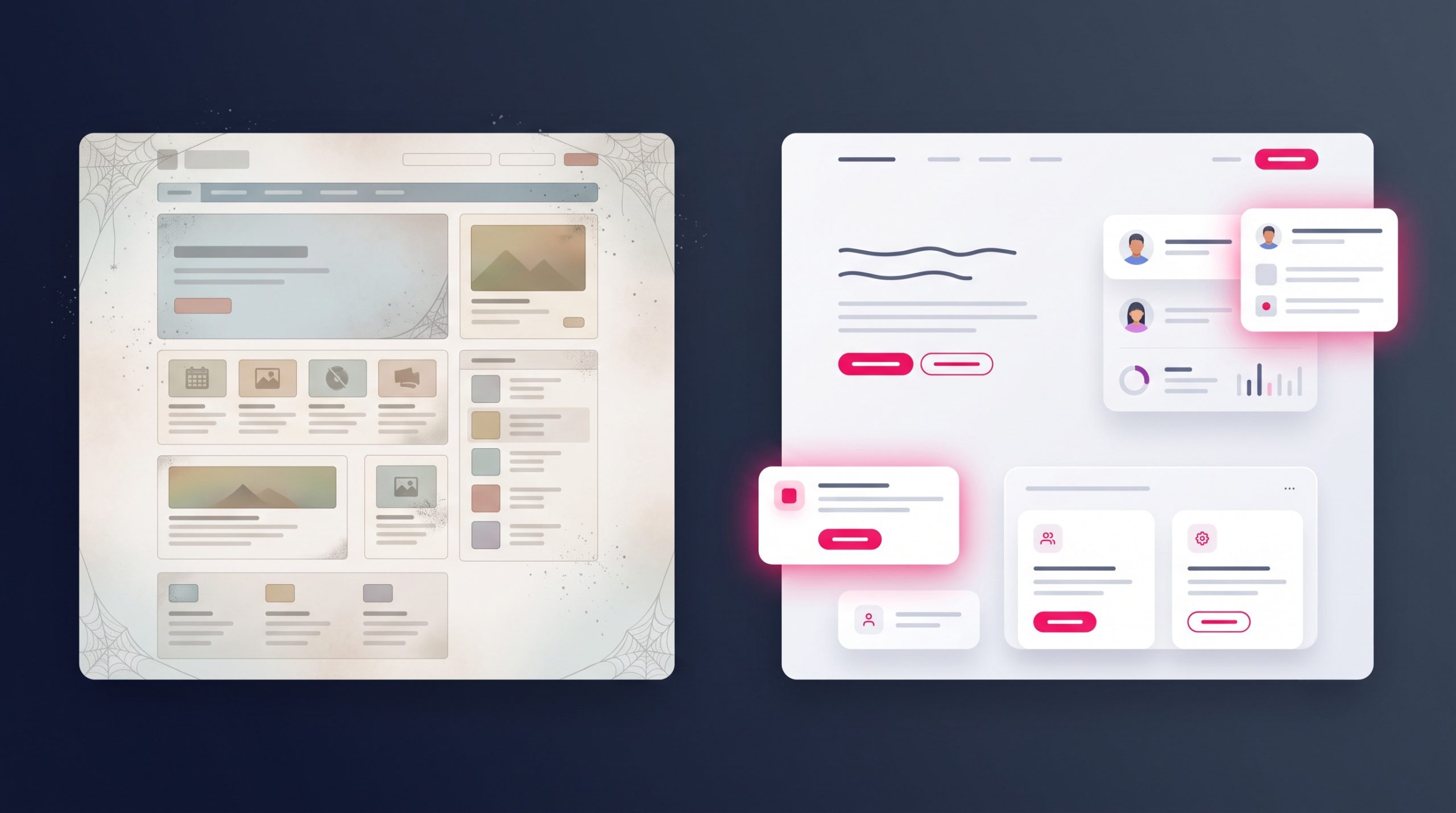 A tired old webpage with faint dust and cobweb accents beside a fresh redesigned modern page.
