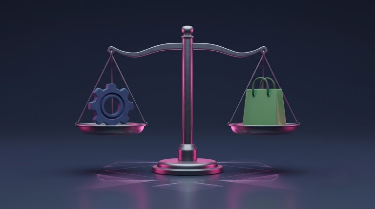 A balanced scale weighing a blue cog/gear (a flexible CMS) against a green shopping bag (a hosted store), a clear versus comparison.