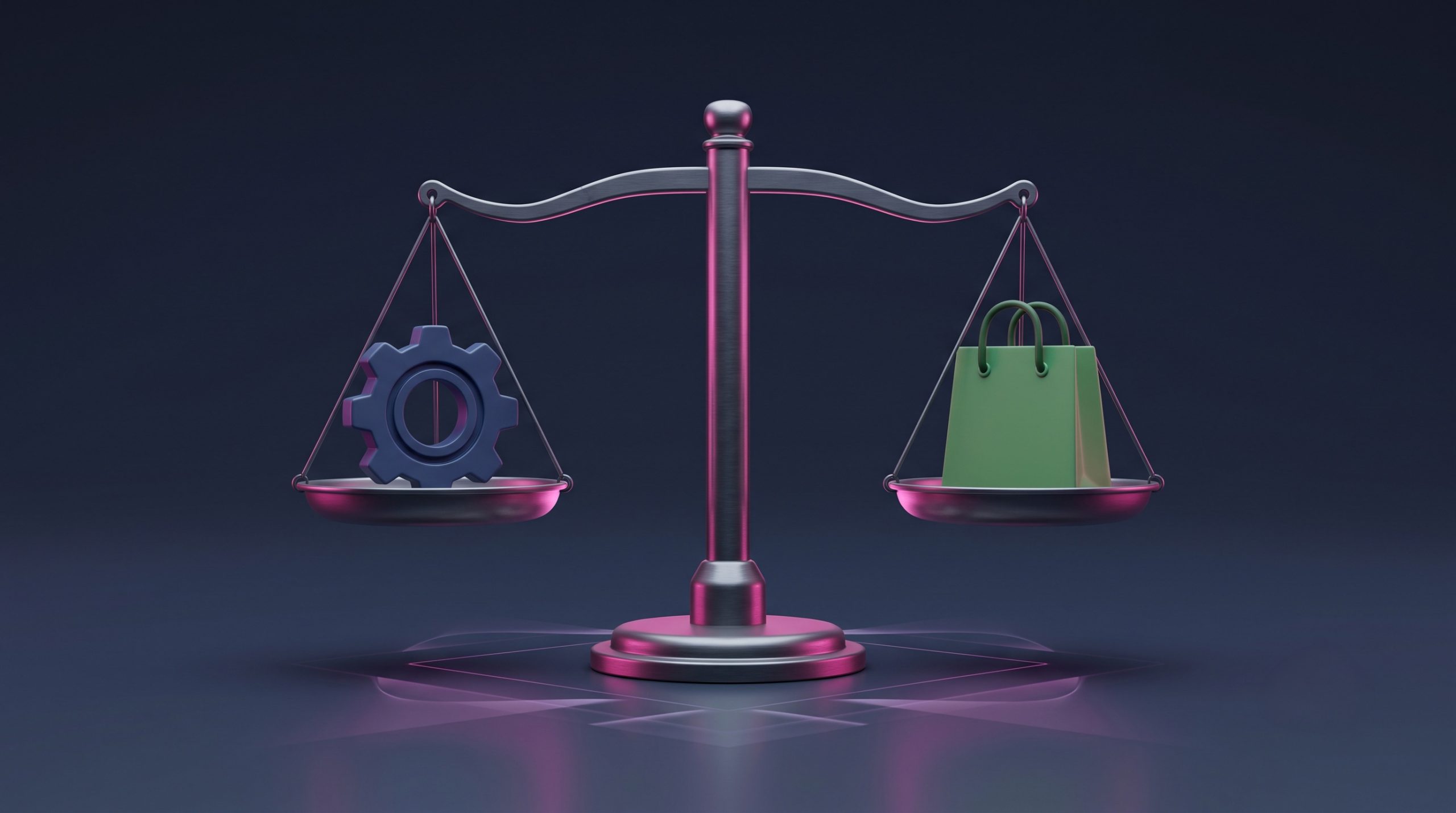 A balanced scale weighing a blue cog/gear (a flexible CMS) against a green shopping bag (a hosted store), a clear versus comparison.