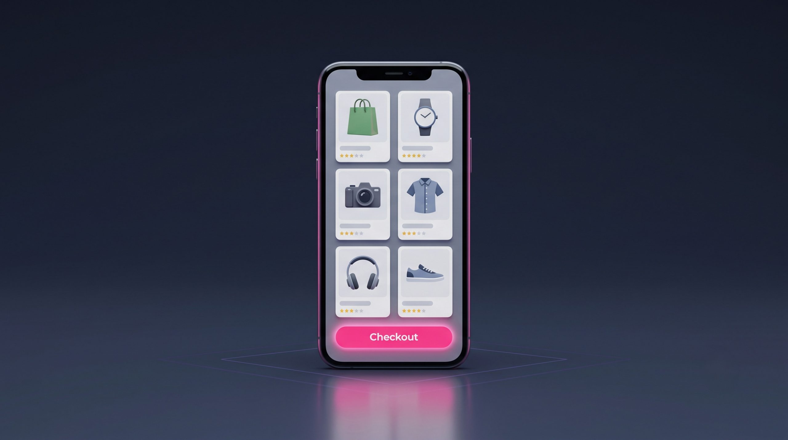 A modern online storefront on a phone with product cards and a glowing checkout button, representing an easy e-commerce setup.