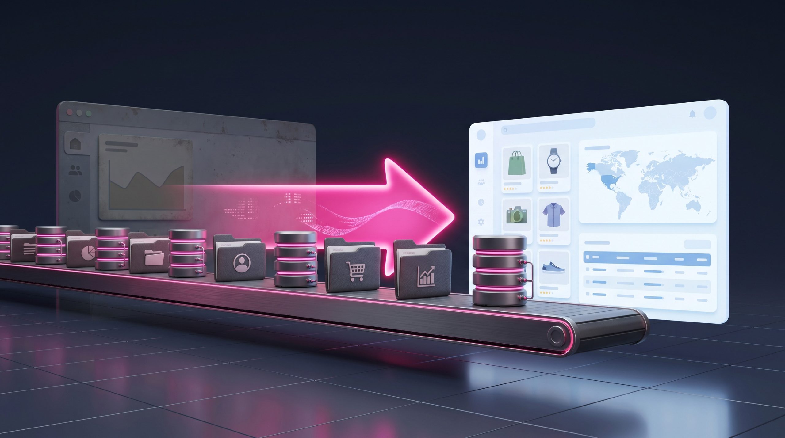 Database cylinders and file folders travelling along a conveyor arrow toward a new website, representing content and data migration.