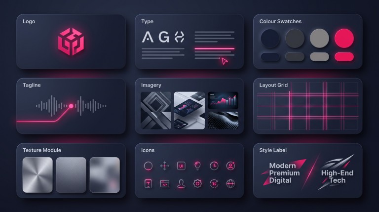 Nine brand-identity elements — logo, type, colour swatches, tagline, imagery, layout grid, texture, icons, and a style label — arranged as one cohesive kit.