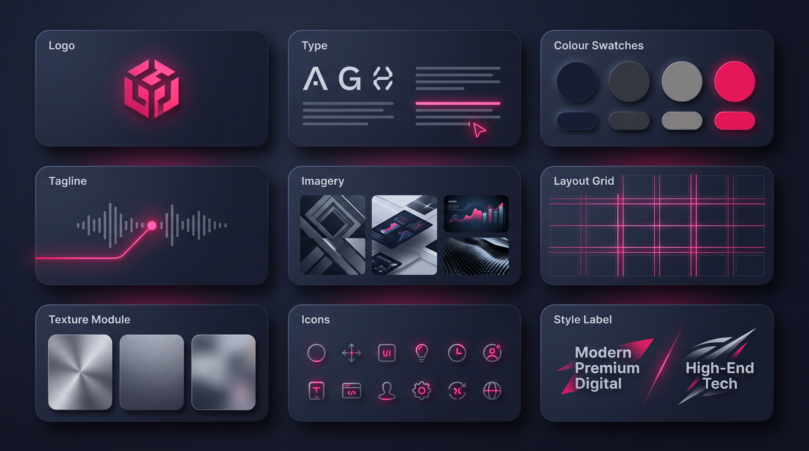 Nine brand-identity elements — logo, type, colour swatches, tagline, imagery, layout grid, texture, icons, and a style label — arranged as one cohesive kit.