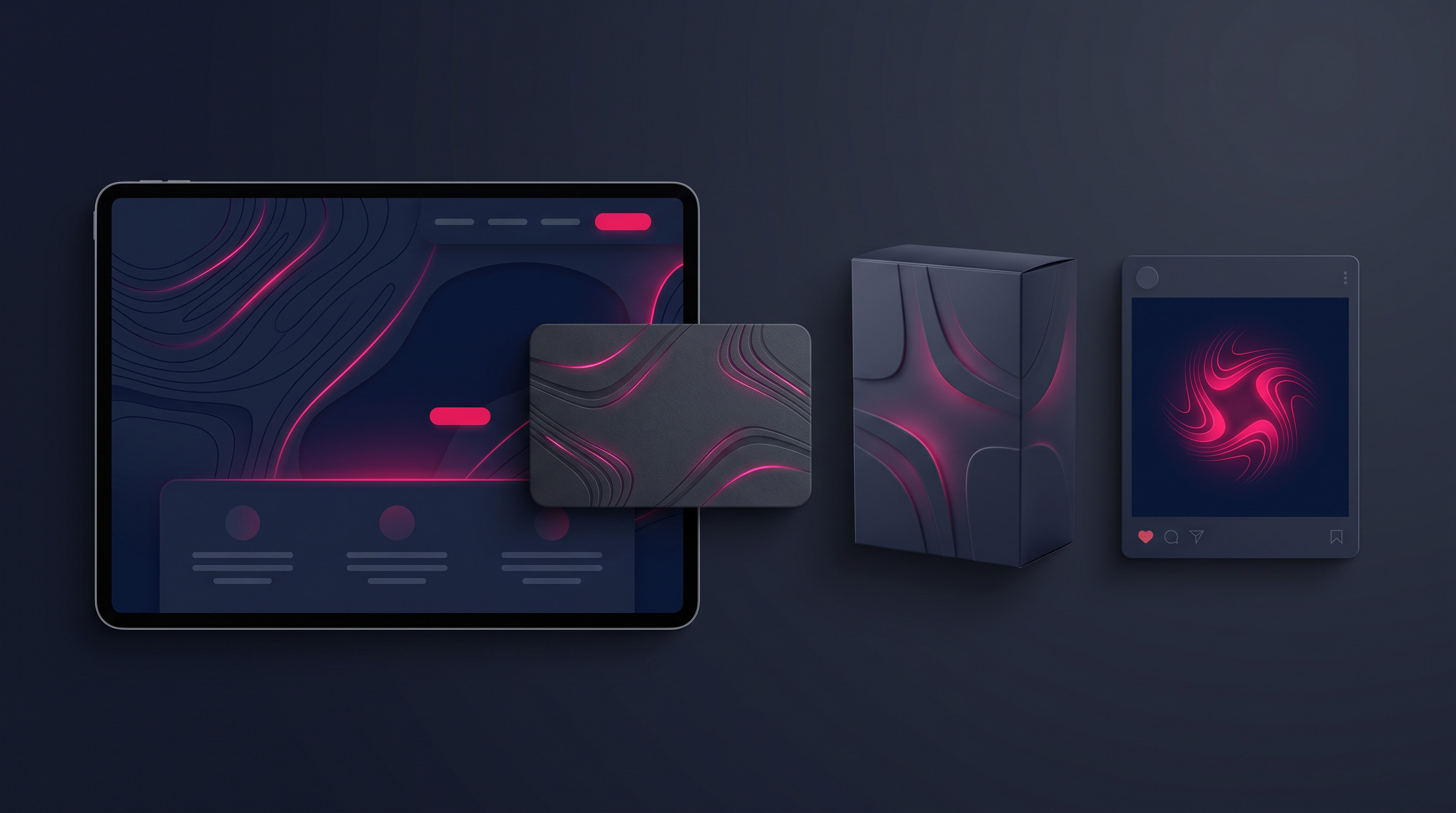 A single brand shown applied consistently across a website, a business card, packaging, and a social post.