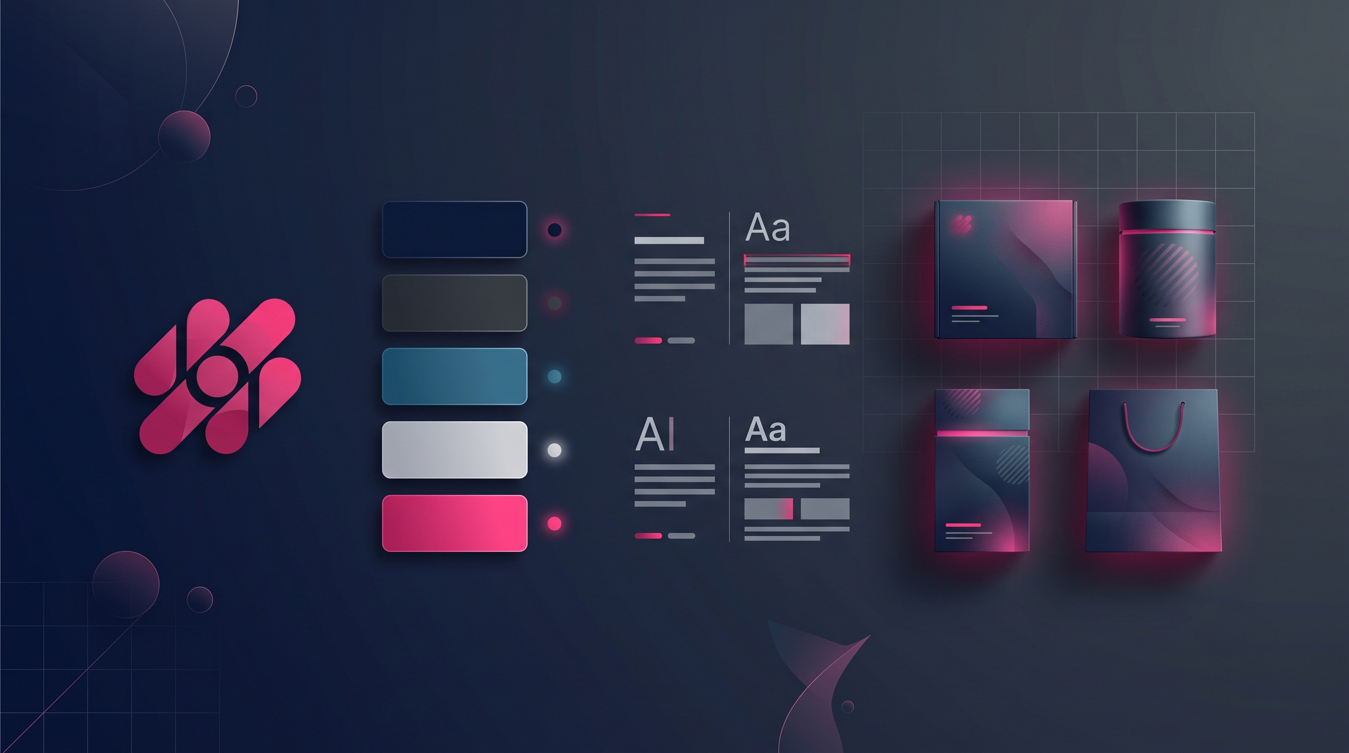A small-business identity kit laid out neatly β logo mark, colour swatches, typography, and packaging.