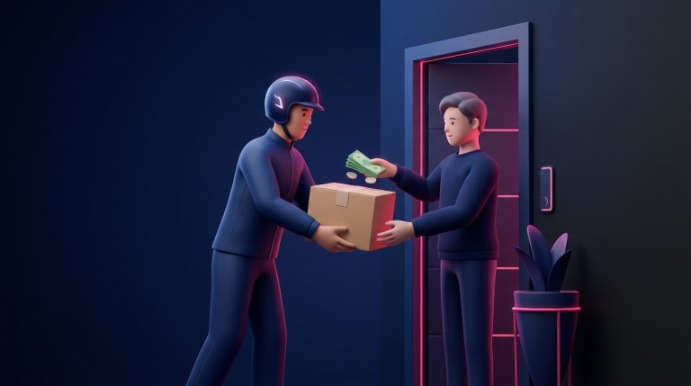 A delivery rider handing a parcel to a customer paying in cash at the door, representing cash on delivery.