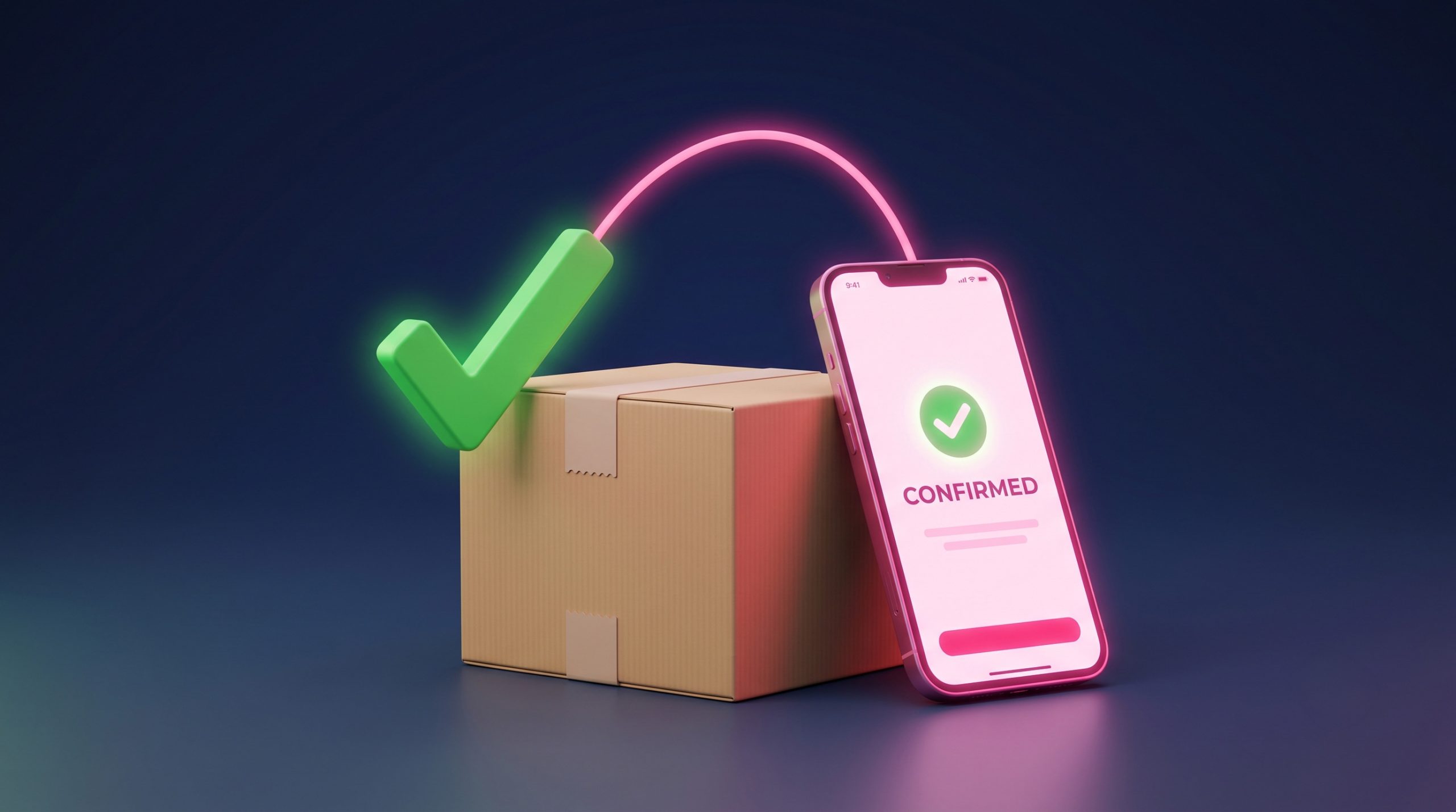 A parcel marked with a green checkmark beside a phone showing an order-confirmation message.