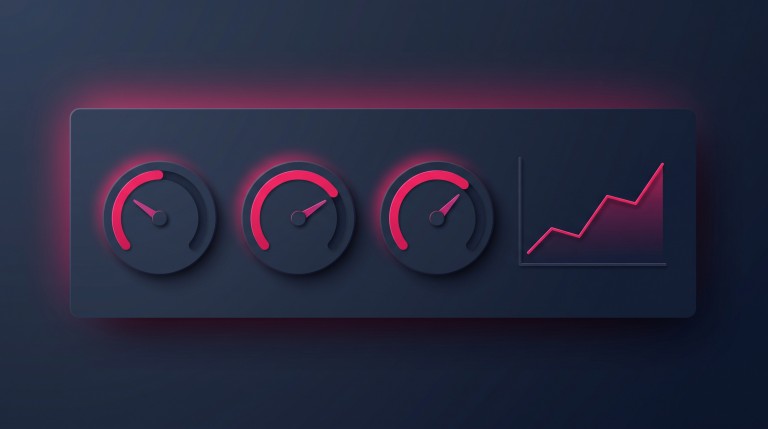 A clean marketing dashboard showing CAC, LTV and ROAS as simple gauges, with a rising growth line.