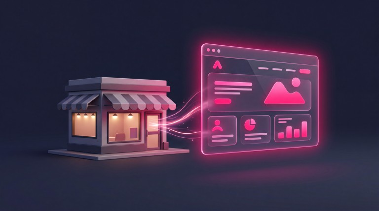 A small shop with a glowing website panel appearing beside it, representing a business coming online.