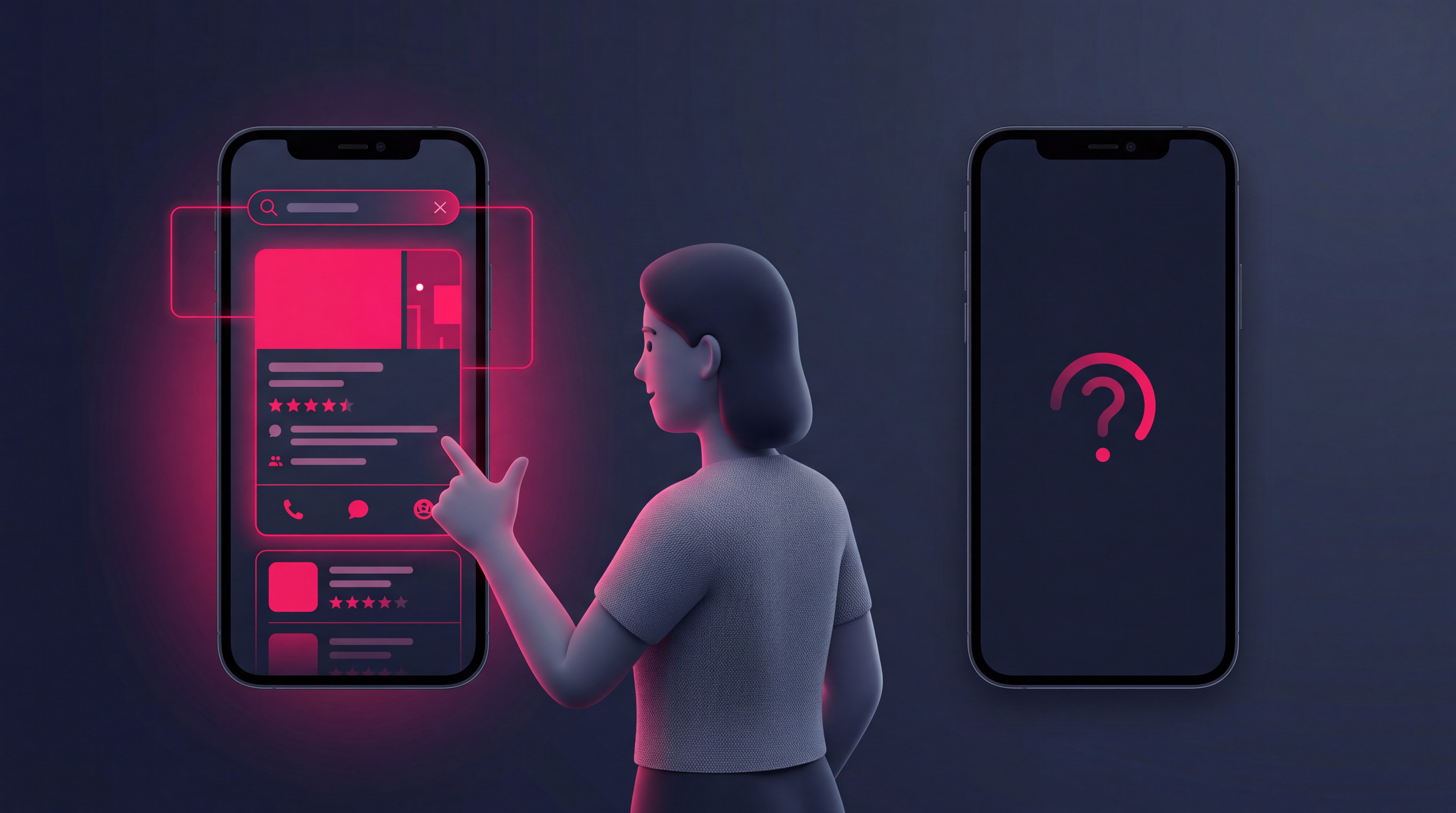 A customer finding a business on a phone search, contrasted with an empty result beside it.