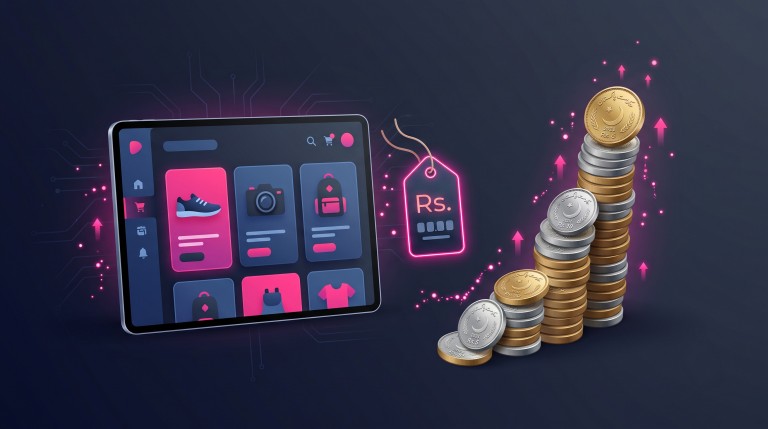 An online store on a screen beside a price tag and a rising stack of rupee coins, representing the cost of building a store.